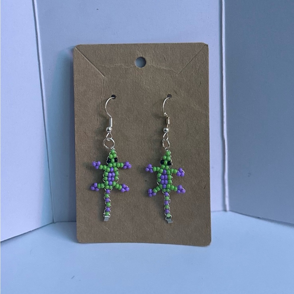 Beaded Lizard Earrings - Green and Purple